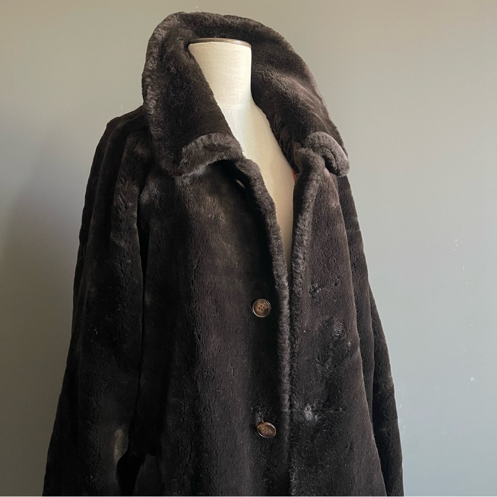 Vintage Faux Fur Coat Oversized Brown Plush Long Minimalist Coat Glam 90s - Picture 2 of 8